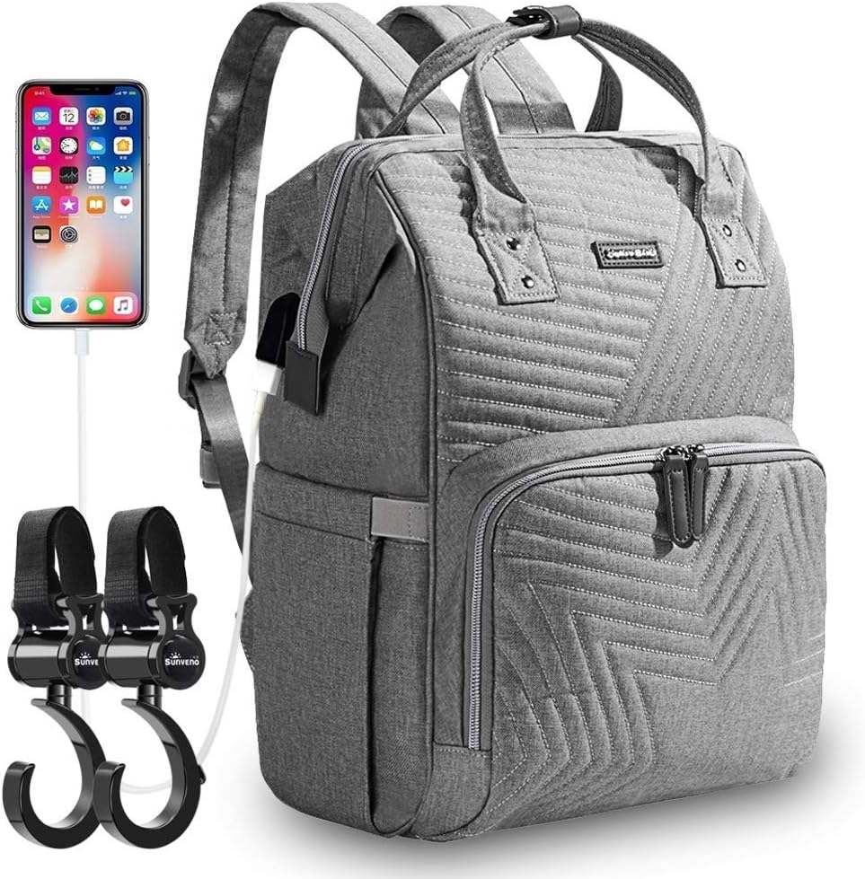 SUNVENO Baby Diaper Bag Backpack–Infant,Maternity Travel Bags–Large Nappy,Tote for Child Supplies,Bottles, Diapers,Wipes–Side Pockets,Zippered Close–Adjustable Straps (Grey)…
