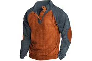 Alalaso Mens Corduroy Shirt Lapel Collar Button Up Pullover Long Sleeve Sweaters Polo Sweatshirts with Elbow Patches