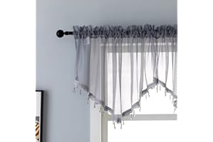 PEARAGE Beaded Sheer Valance Curtains for Living Room,Rod Pocket Farmhouse Window Valance, Bead Trim Tassel Voile Sheer Curtain Valance for Bedroom Bathroom Cafe 51x24 Inches (Grey) 1PC