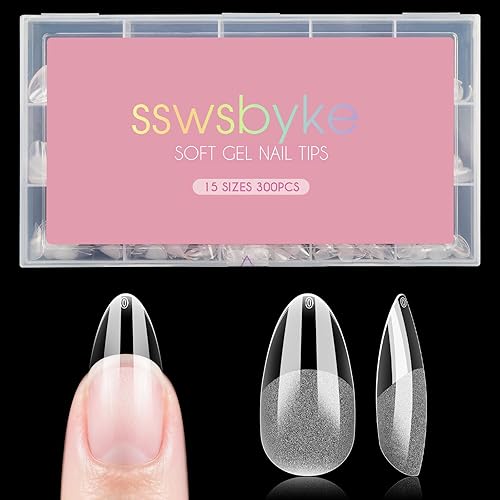 Medium Almond Nail Tips, SSWSBYKE 300pcs Soft Gel Nail Tips for Full Cover Pre-Shaped Acrylic Fake Nails Tips 15 Sizes Half Matte Press On Nails for Extension Home DIY Salon
