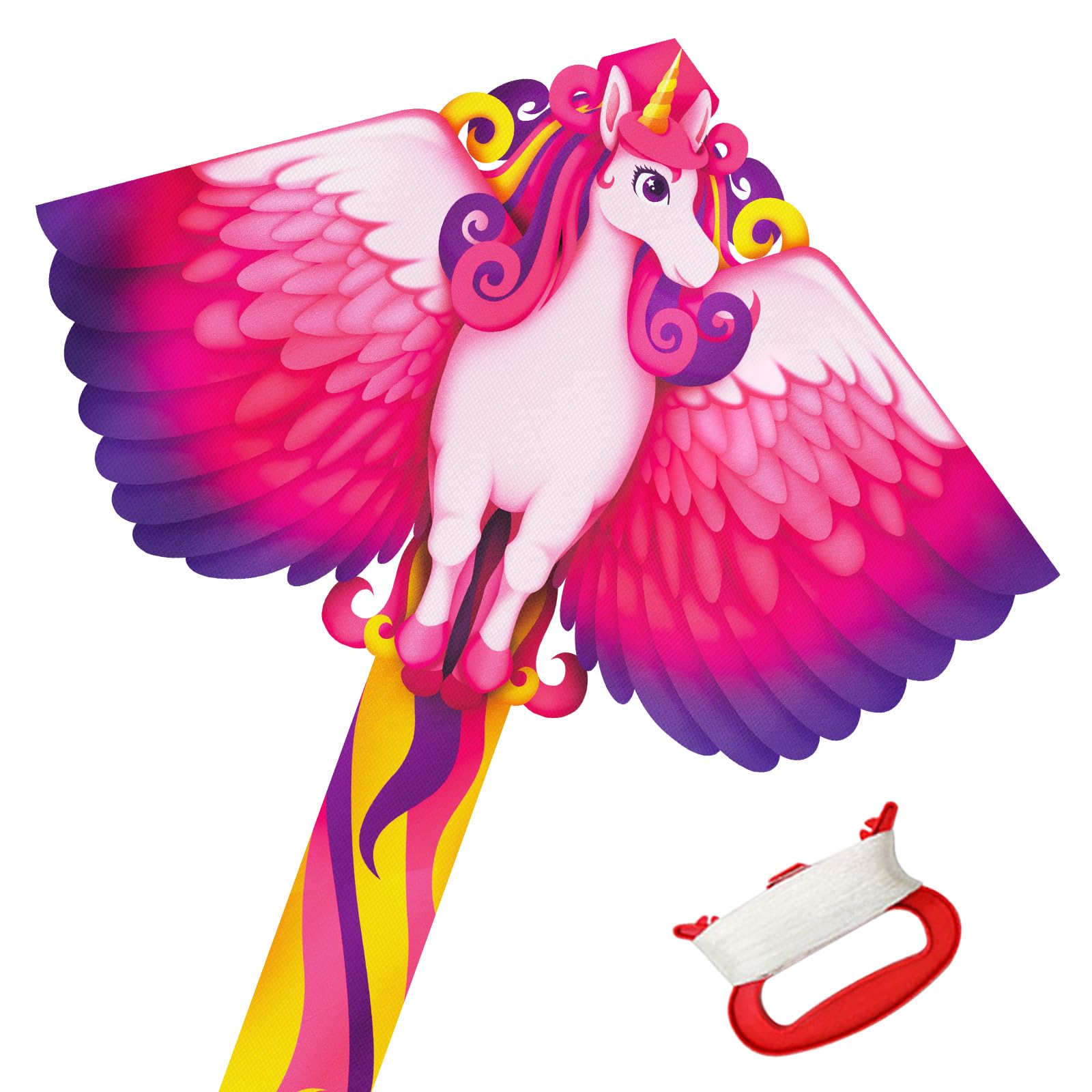 Large Unicorn Kite - Colorful Single Line Kite with Long Tail for Kids and Adults, Beginner-Friendly with Winding Handle and Line for Beach and Outdoor Activities, Pink
