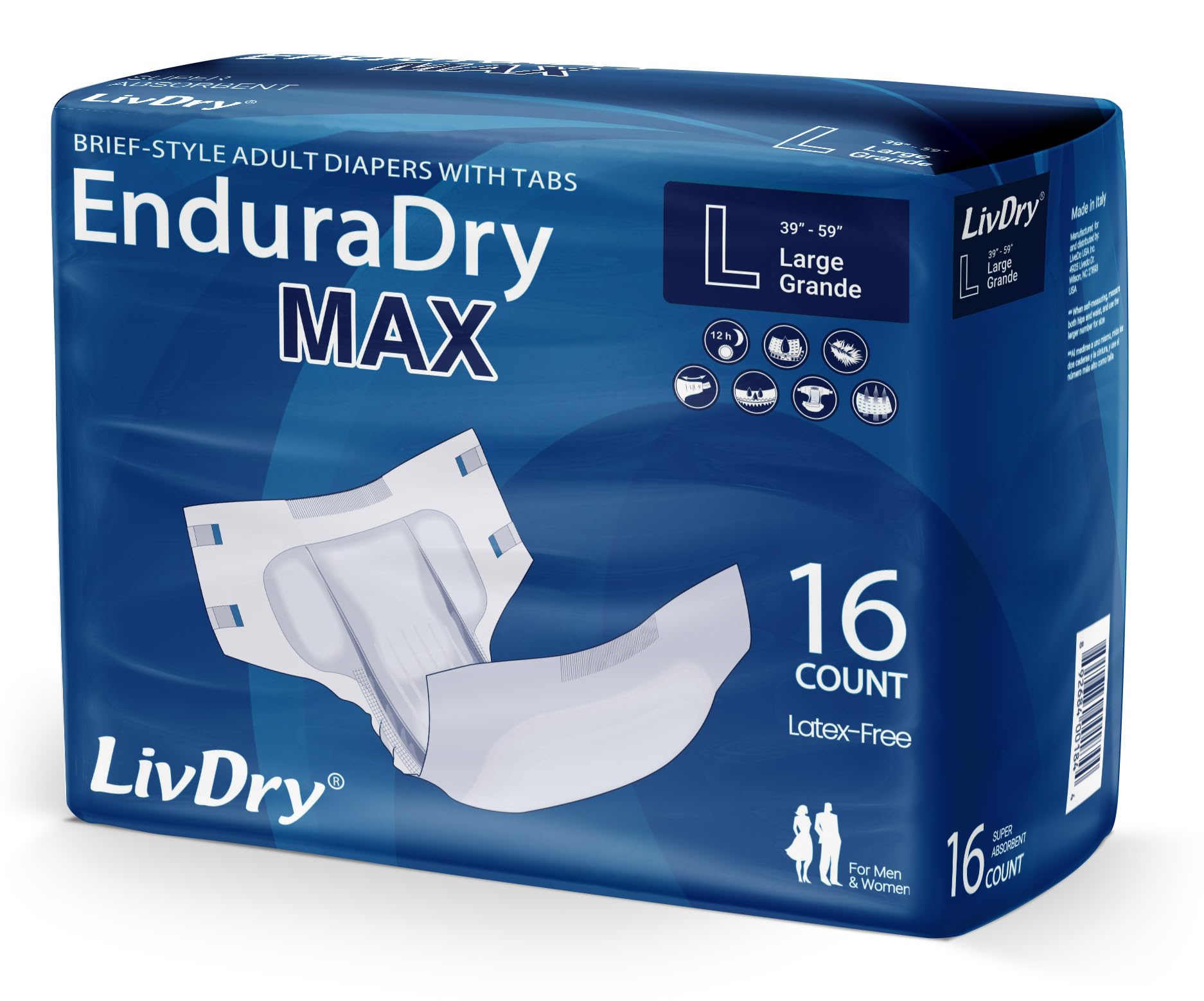 Photo 1 of LivDry EnduraDry Max Adult Diapers with Tabs, Up to 12-Hours, Super Absorbent Incontinence Underwear, Leak Protection Briefs, Large, 16-Pack