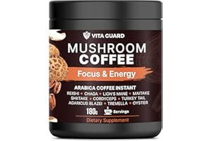 Vita Guard 10 Mushroom Coffee Instant Blend – Lion’s Mane, Cordyceps & Reishi – Premium Arabica with Coconut Powder – Focus, Energy & Immune Support | Cafe de Hongos – Rich & Smooth Adaptogenic Coffee