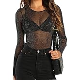 BelleLovin Women's Sheer Mesh Tops Glitter See Through Long Sleeve Bodysuit top