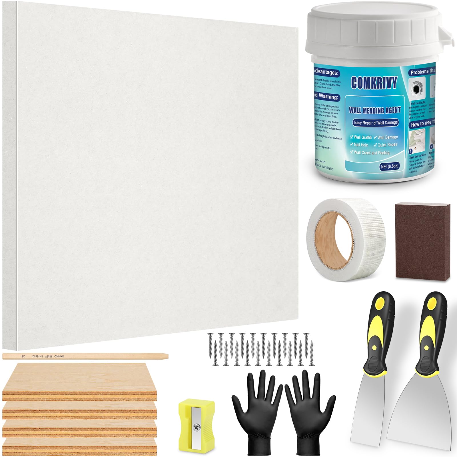 Photo 1 of **MISSING PIECES** Drywall Repair Kit with 12"x12" Dry Wall Repair Panel, 33-in-One Drywall Patch Kit Wall Patch Repair Kit with Spackle, Mesh Tape, Putty Knives & Sanding Block for Wall Surface Ceiling Large Hole Fill