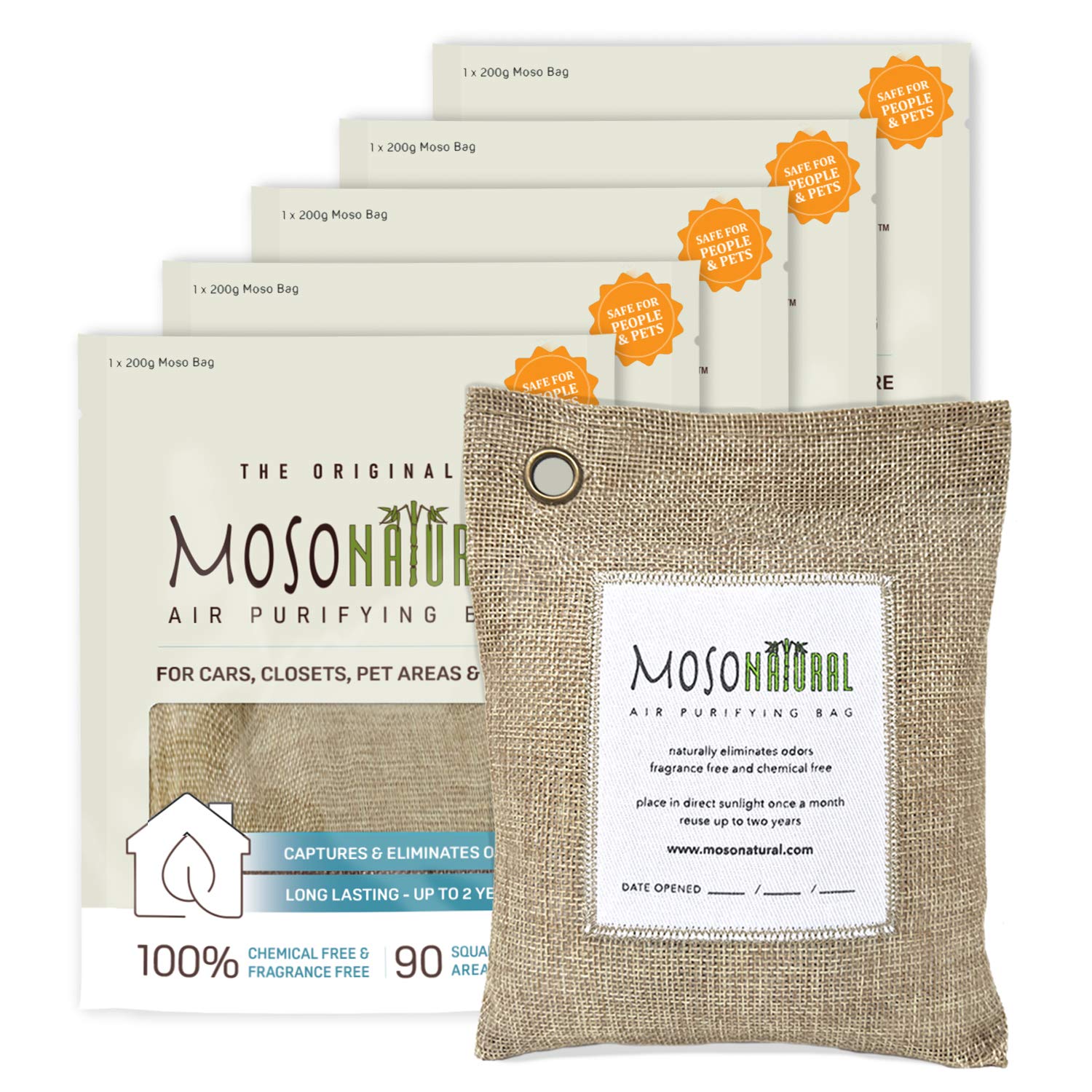 MOSO NATURALAir Purifying Bag 200g (5 Pack) A Scent Free Odor Eliminator for Cars, Closets, Bathrooms, Pet Areas. Premium Moso Bamboo. (Beige Natural color) Lasting Charcoal Bags|Lasts up to 2 years!