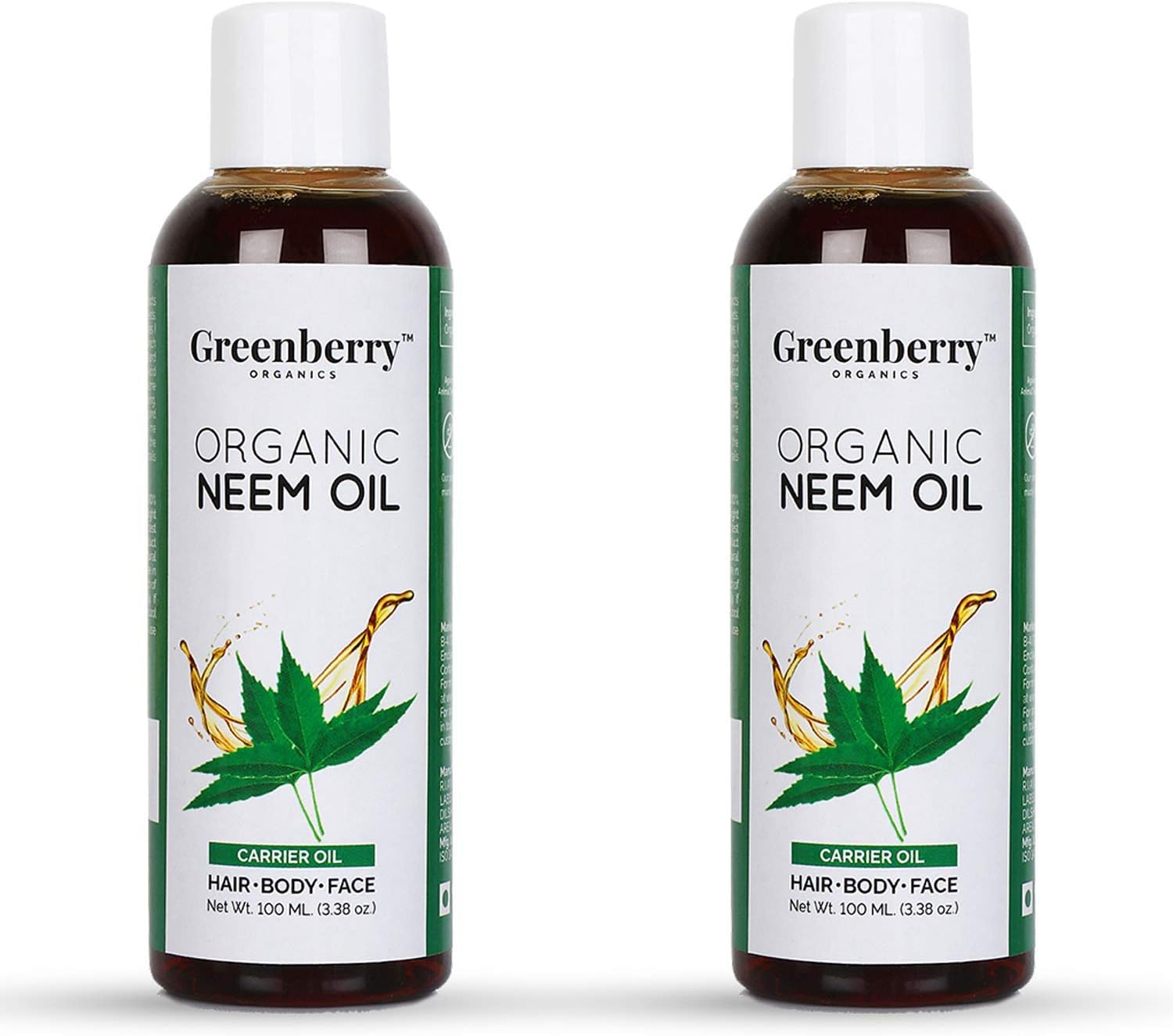Greenberry Organics Organic Neem Oil Carrier Oil for Hair, Body & Face with Vitamin E Unisex pack of 2 (100 ml x 2 bottles)