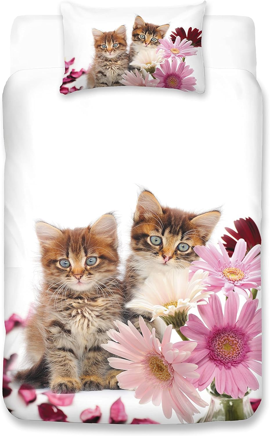 MUSOLEI Cat Single Bed Duvet Cover Set, 3D Printed Two Lovely Kitty with Pink Flowers Pattern Cute Bedding Set, Soft Zipper Quilt Cover 135x200cm and Pillowcase 50x75cm for Adults Kids Bedroom
