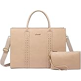LOVEVOOK Laptop Tote Bag for Women, Vintage Leather Work Bags 15.6 inch Laptop Bag, Waterproof Computer Bag Business Office Briefcase, Beige