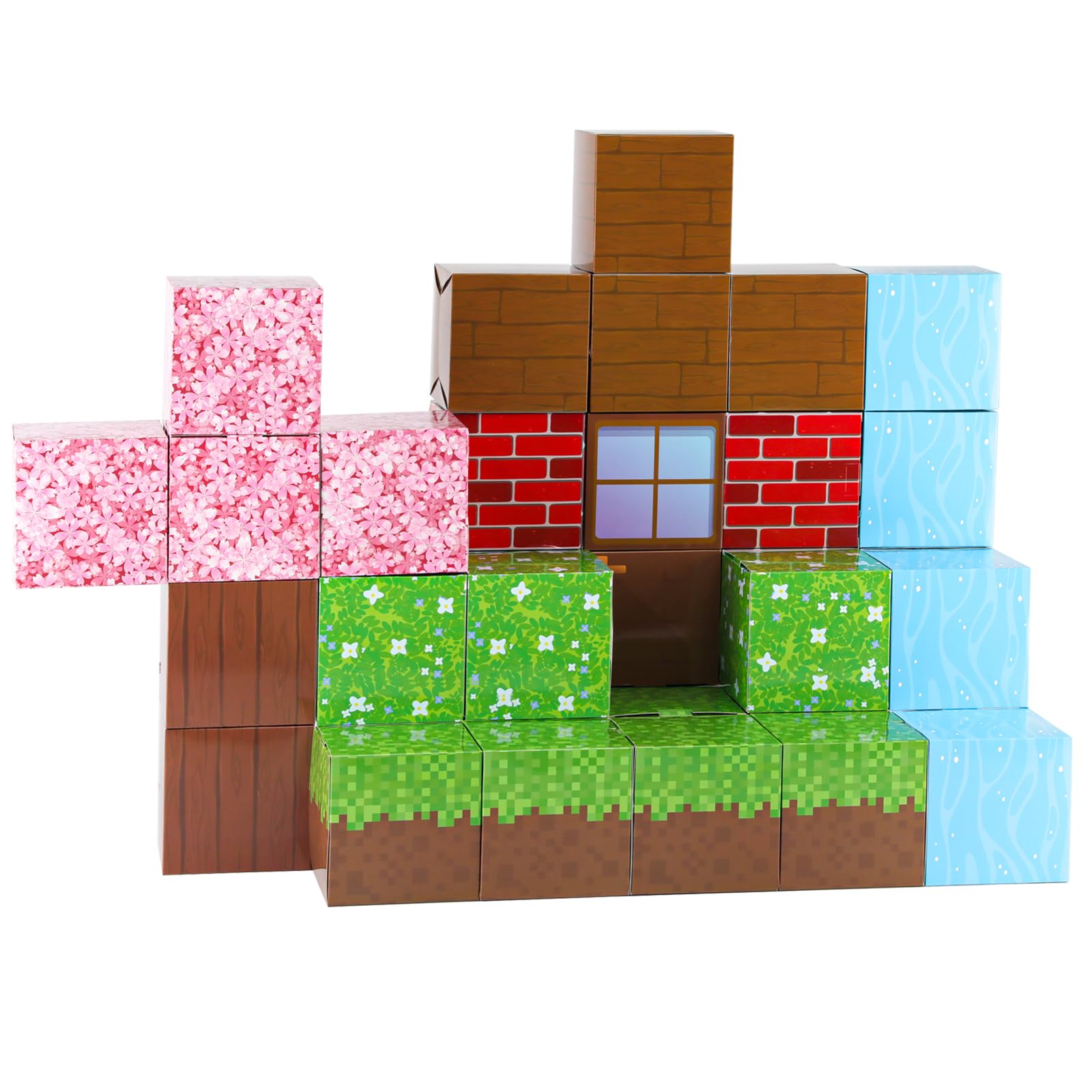 Photo 1 of 32PCS Pixel Theme Treat Boxes for Game Theme Birthday Decorations, Video Game Party Supplies and Favor Boxes with 9 Designs, Pre-Folded Paper Cubes for teenagers DIY Birthday Party