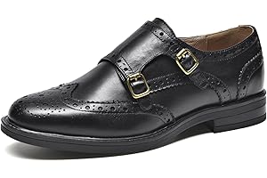 BEAU TODAY Women's Leather Loafers, Monk Strap Womens Oxfords, Comfort Office Business Ladies Casual Shoes, Double Buckles Deign, Brogue Wingtip Slip-on