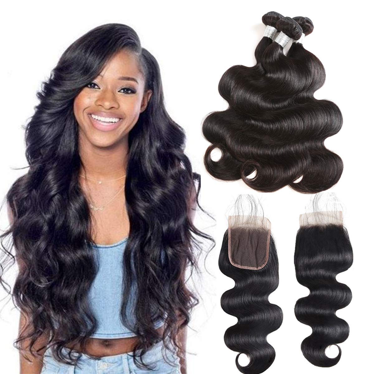 Youth Hair Peruvian Body Wave Hair Bundles with Closure 9A 100% Unprocessed Human Hair Extensions Body Wave 3 Bundles with 4x4 Lace Closure Free Part for Black Women (10" 12" 14" +10")
