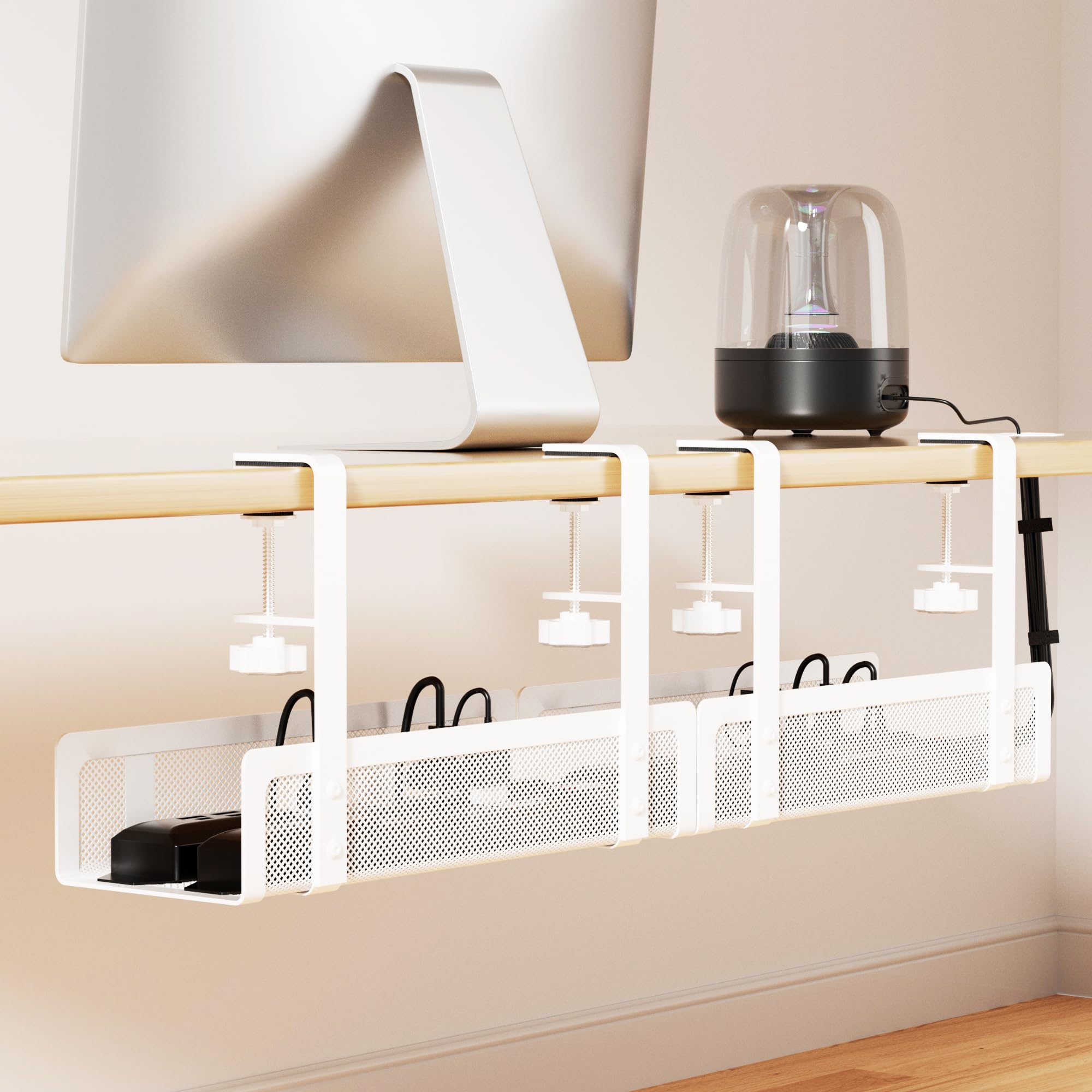 Photo 1 of [Upgraded] 2 Pack Cable Management Under Desk Tray, Xpatee 27.6" No Drill Open Slots Cable Management Tray, Cord Wire Organizer Box with Clamp for Table Thickness up to 3" - No Desk Damage(White)