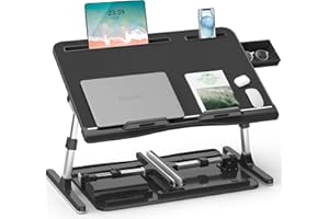 Laptop Bed Table, Potuopy Adjustable Leather Computer Lap Desk, Wide X-Large Folding Bed Desk Tray with Drawer on Couch Floor Bed for Writing Eating Drawing Working, Black