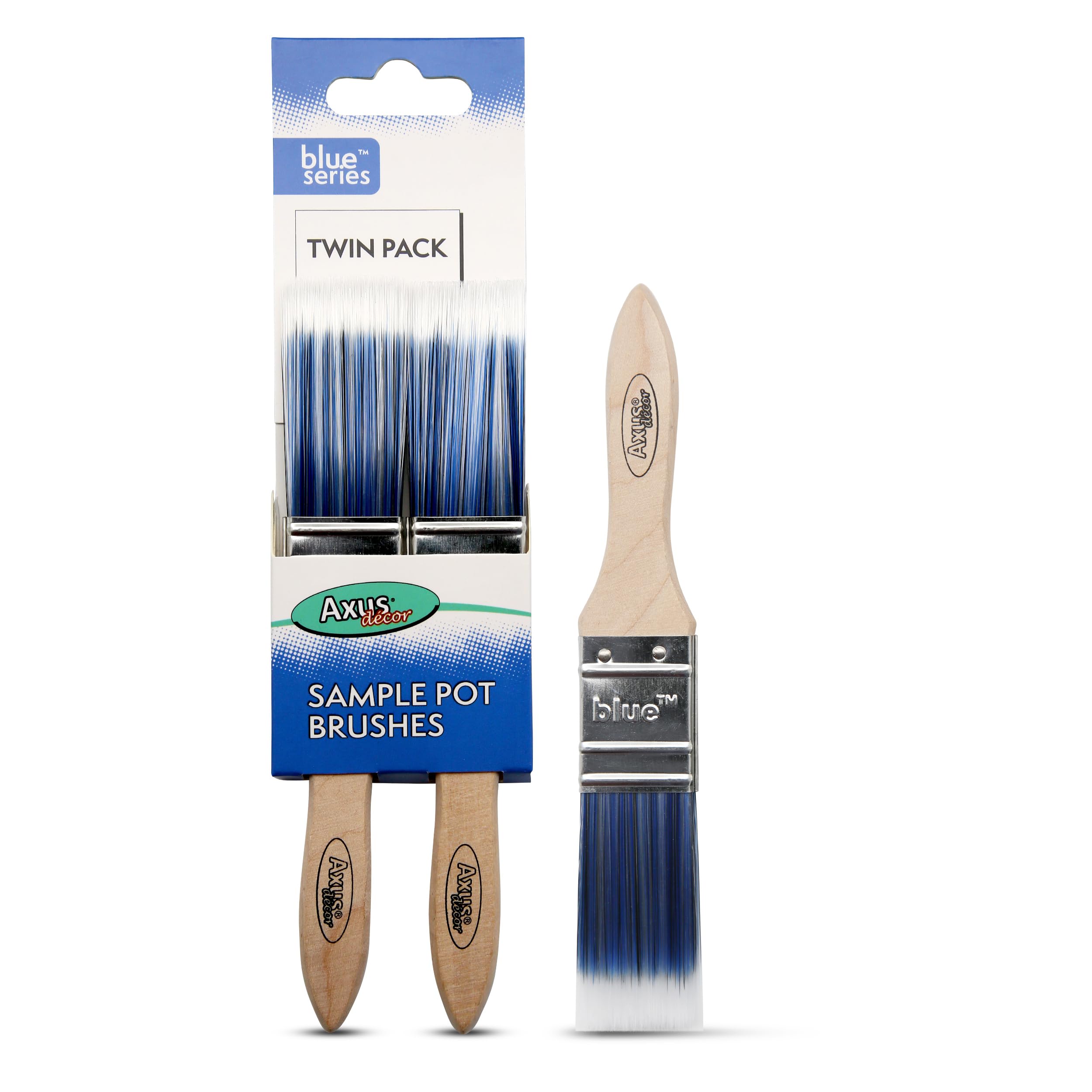 Axus Decor Sample Pot Brush (Blue Color) - Pack of 2 - (2" x 1") - Small Paint Metal brushes,Paint Testers & DIY Brushes for Kids, Rust-Resistant Stainless Steel Ferule, Dowel Decor, Fence Paint Brush