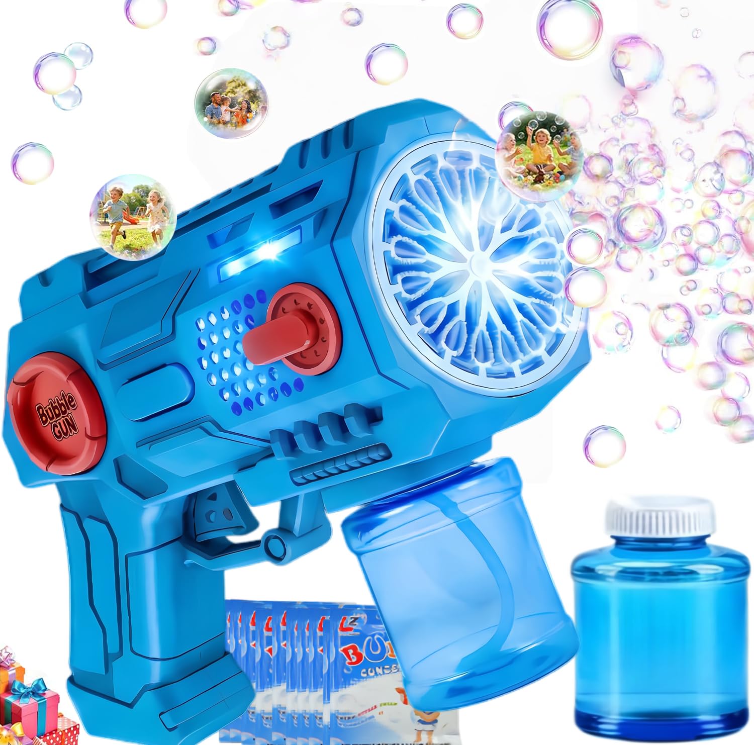 Bubble Gun with LED Light, 10000+ Automatic Bubble Machine Gun for Weddings Birthday Party,16 Hole Bubble Blaster with Bubble Solution for Outdoor Picnic Camping,Perfect Kids Adults Gifts(Blue)