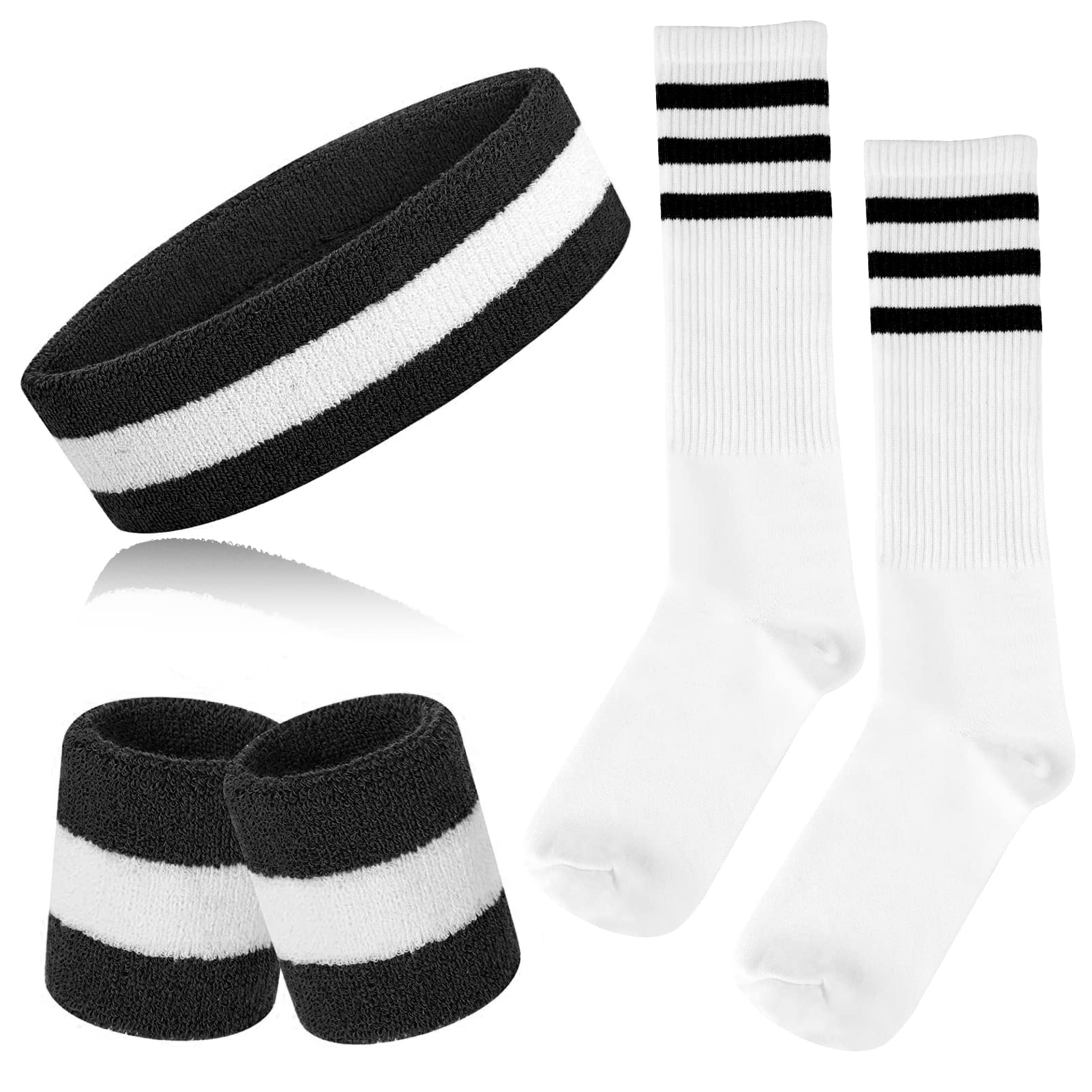 ONUPGO 5 Pieces Striped Sweatbands and Socks Set Sports Striped Headband Wristbands Sweatbands Striped High Sock for Men Women Sports and 80s Party (Black/White/Black) — image 1