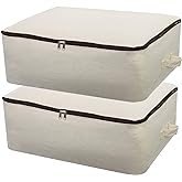 2PCS Canvas Storage Bag, 12OZ Thick Soft Breathable Closet Organizer for Beddings, Comforters, Pillows, Blankets, Clothes, 25.6×18.5×8.7inch, Beige