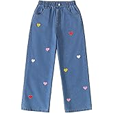 Hilinker Girls Wide Leg Jeans Cute Embroidery Elastic Waist Baggy Denim Pants with Pockets