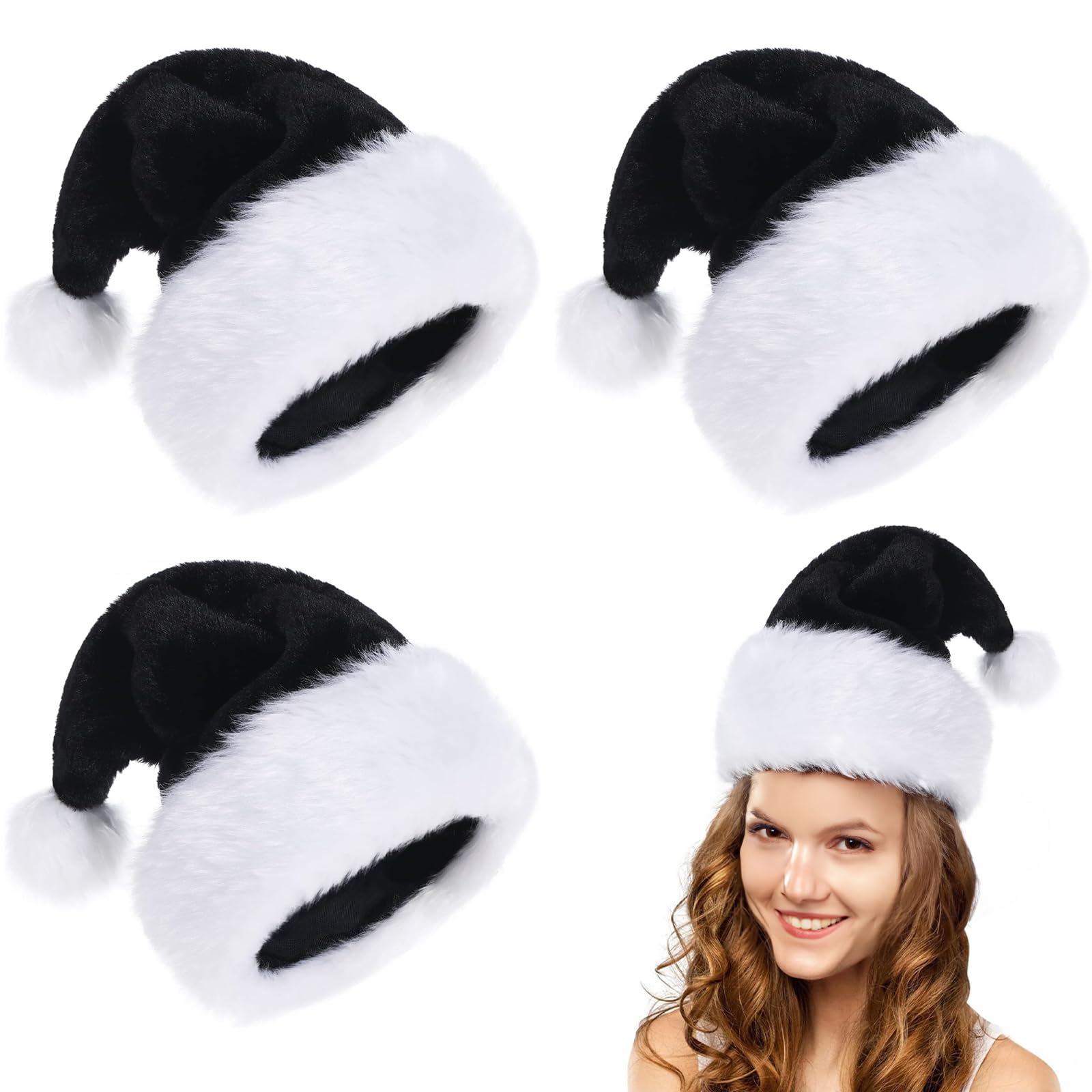POPOYU 3Pcs Black Christmas Hats for AdultsLuxury Santa Hats Plush Christmas Santa Claus HatsFancy Dress Santa CostumeVelvet Comfy Santa Outfit for New Year Xmas Party SupplyThicken Classic Fur Decor