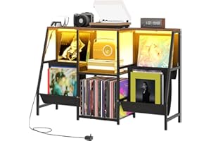 HOOBRO Record Player Stand Table with LED Light, Vinyl Record Storage for 280 Albums, Media Shelf Cabinet, Wooden Stereo Cabinet, Media Stand Console, Livingroom, Bedroom, Rustic Brown BF114DCJ01