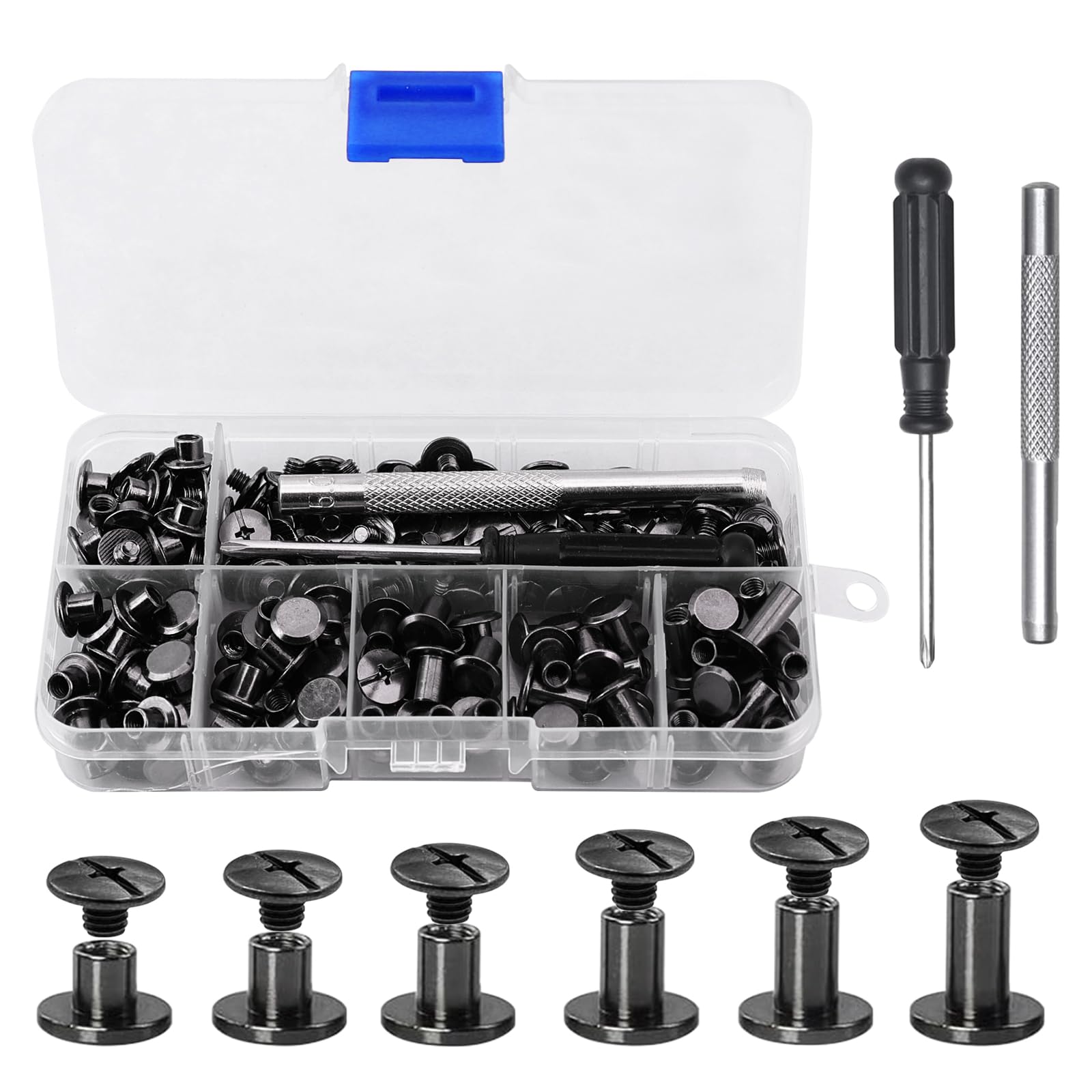 110 Sets Chicago Binding Screws Assorted Kit, 6 Sizes Gun Color Binding Screw Leather Rivets Kit, 4/5/6/8/10/12mm Book Binding Rivets with Punch Screwdriver, Flat Head Leather Rivets for DIY Albums