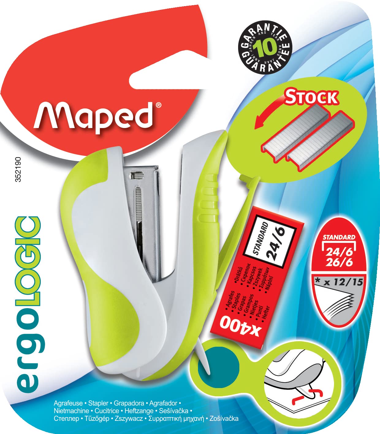 Maped Ergologic Mini Stapler for 24/6 or 26/6 Staples, Staple Reserve and Integrated Staple Remover, Comes with Box of 400 Staples - Green