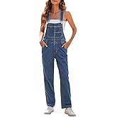 Pink Queen Women's Denim Bib Overalls Casual Loose Adjustable Straps Wide Legs High Waist Jean Pants Jumpsuits with Pockets