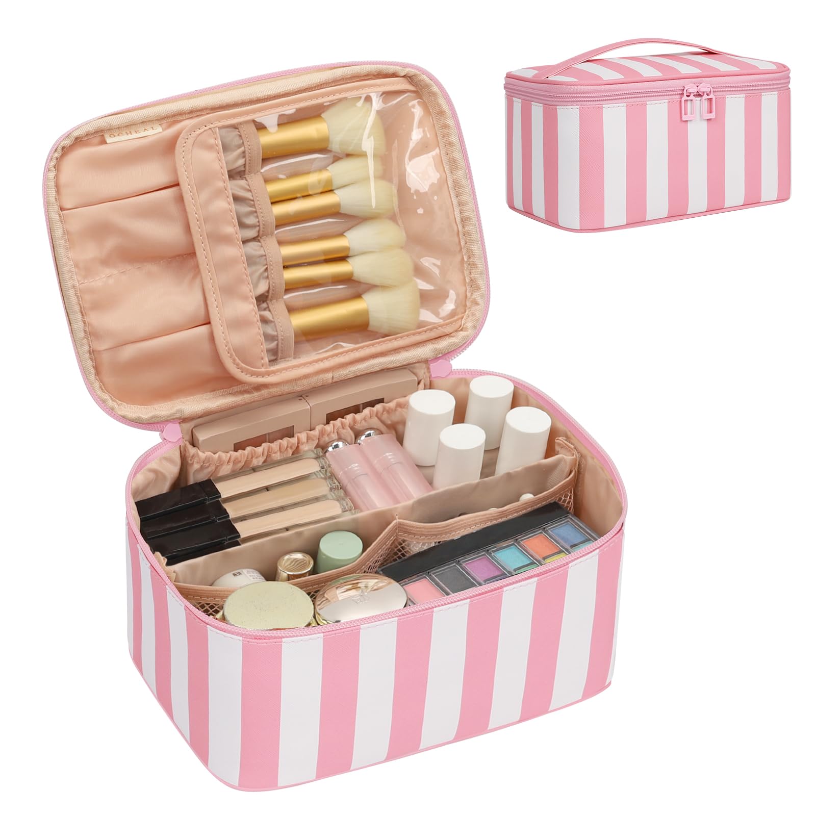 Photo 1 of OCHEAL Makeup Bag,Travel Makeup Organizer Bag, Large Capacity Cosmetic Bags For Women Large Travel Toiletry Bag Girls Traveling With Brush Slot And Divider-Stripes Pink