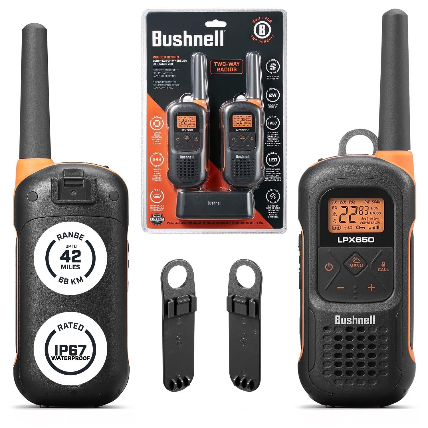 Bushnell LPX650 Walkie Talkie Radio 2-Pack: 42-Mile Range, 2W Power, Rugged & Floating Design for Outdoor Adventures
