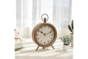 EMAX HOME Vintage Table Clock on Stand, Decorative Desk and Shelf Clock Rustic Mantel Clock Non-Ticking, Metal Frame with Antique Gold Finish