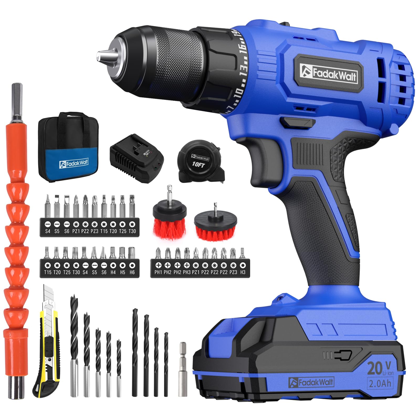Photo 1 of FADAKWALT 20V Cordless Drill/Driver Set,Electric Power Drill Kit with Battery& Charger, 1/2inch Keyless Chuck,2 Variable Speed,25+1 Torque Setting, 400 inch-lbs with LED Power Drill Kit