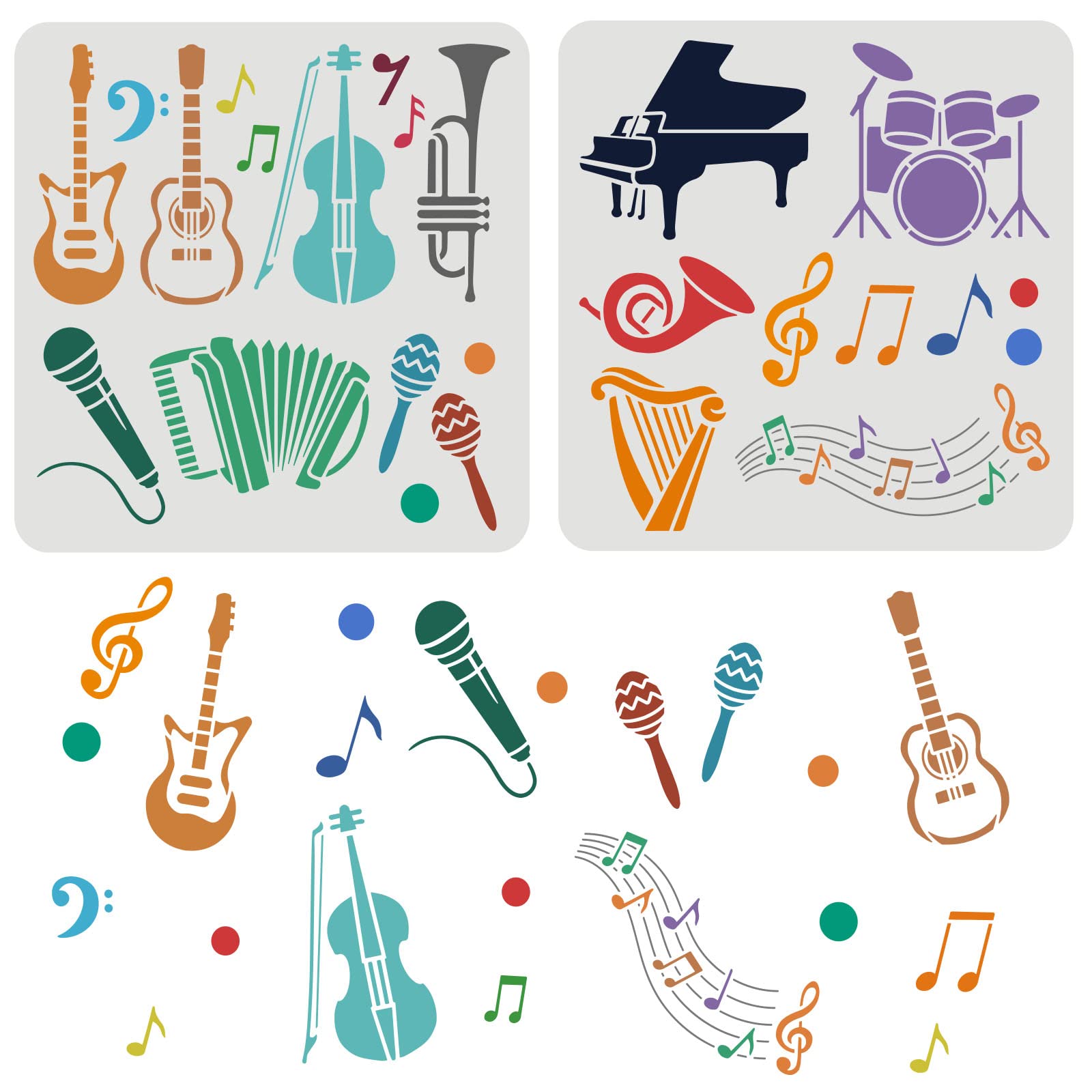 FINGERINSPIRE 2 pcs Musical Instruments Stencils 30x30cm Reusable Music Drawing Stencil Rock Band Stencil Orchestra Instruments Stencils for Painting on Wood, Floor, Furniture, Wall and Paper