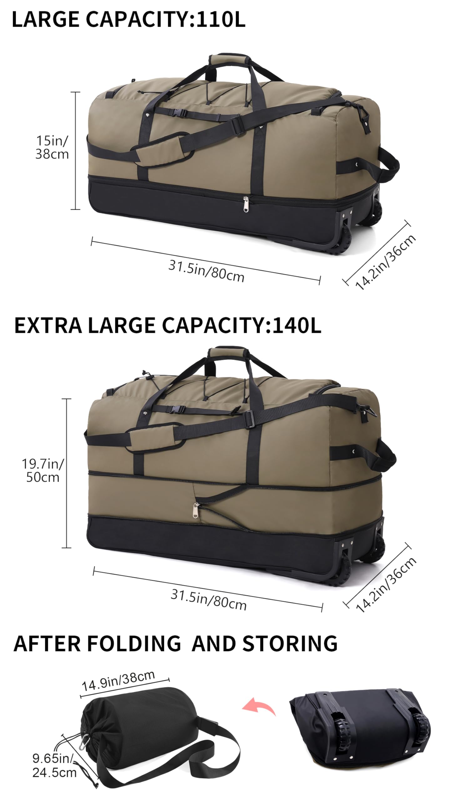 CONTAIL 32”110L Expandable 140L Rolling Duffle Bag with 2 Inline Wheels,Convertible Weekend Travel Bag with Bungee-Cord System,Army Green