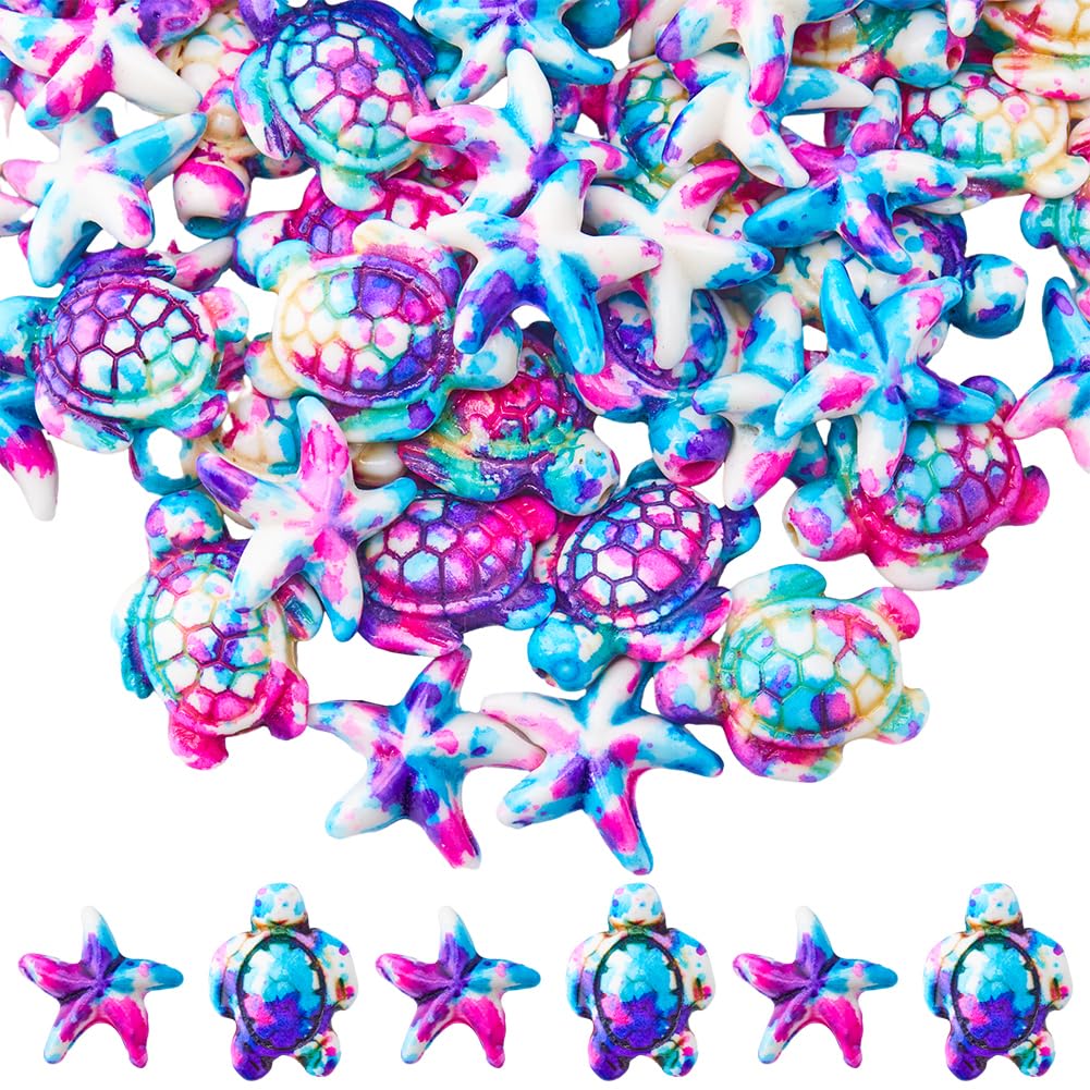 SUNNYCLUE 100PCS 2 Styles Purple Turquoise Beads Turtle Starfish Beads Summer Hawaii Ocean Animal Sea Life Lucky Gemstone Loose Spacer Bulk for Jewellery Making Beading Kit Bracelets Craft