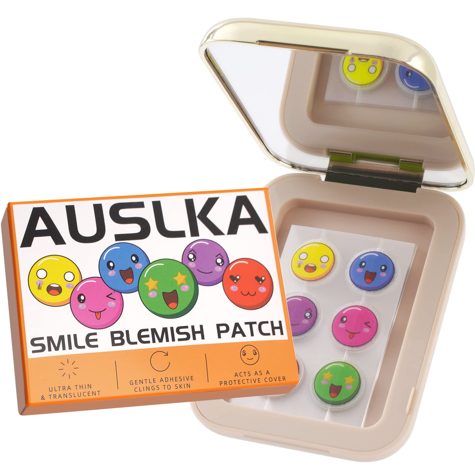 AUSLKA Smile Blemish Patch - Hydrocolloid Spot Dots With Mirror 60 Count - Blemishes Patch - Dots For Spots Blemish Sticker - Cute Blemish Patches - Vegan And Cruelty-Free Skincare