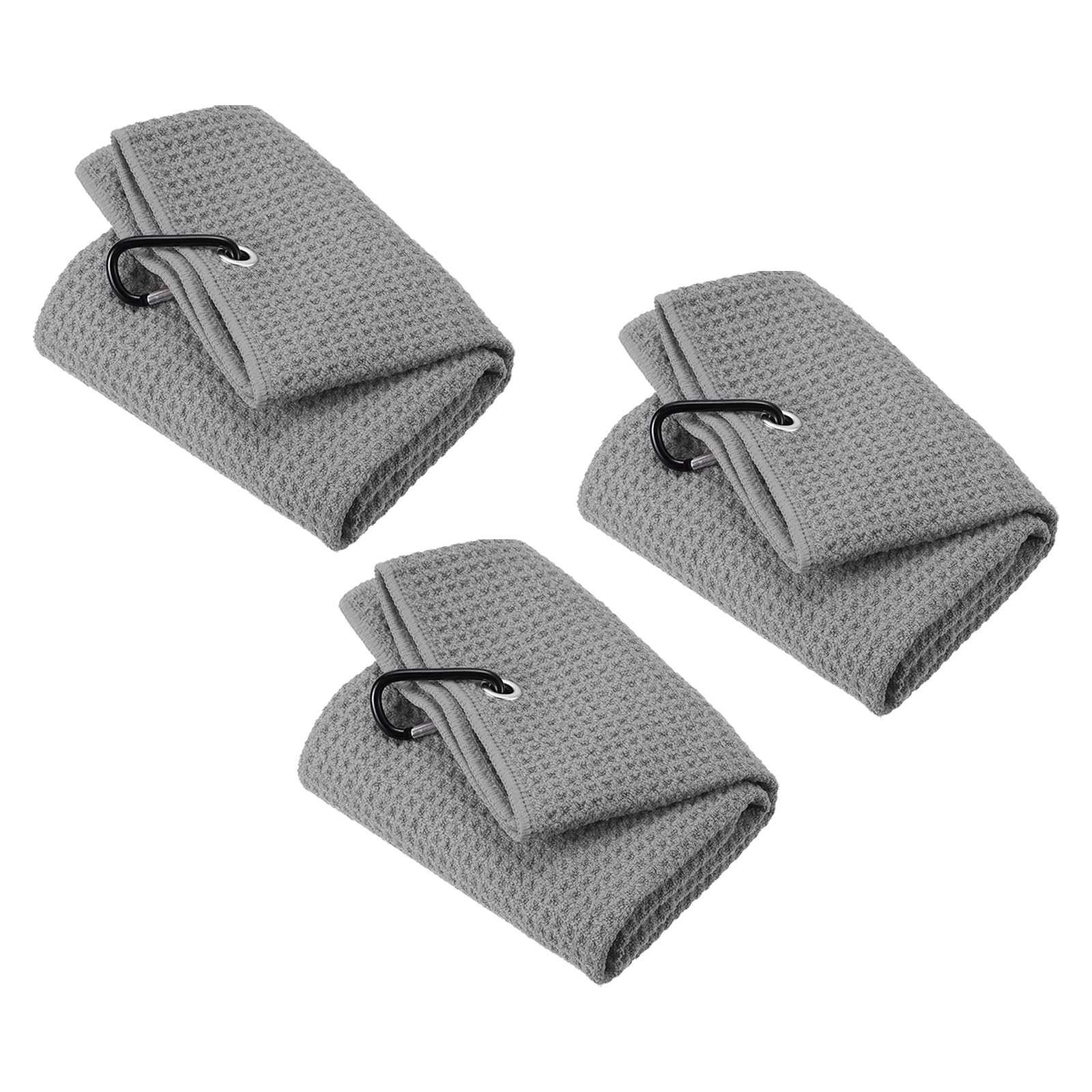 PATIKIL 24"x16" Tri-Fold Golf Towels, 3 Pack Waffle Pattern Towels Soft Fiber Strong Water Absorption with D Clip for Golf Lovers, Grey