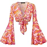 For G and PL Women Tie Front Bell Sleeve Rave Crop Tops Floral Print Hippie Mesh Sheer Shirt