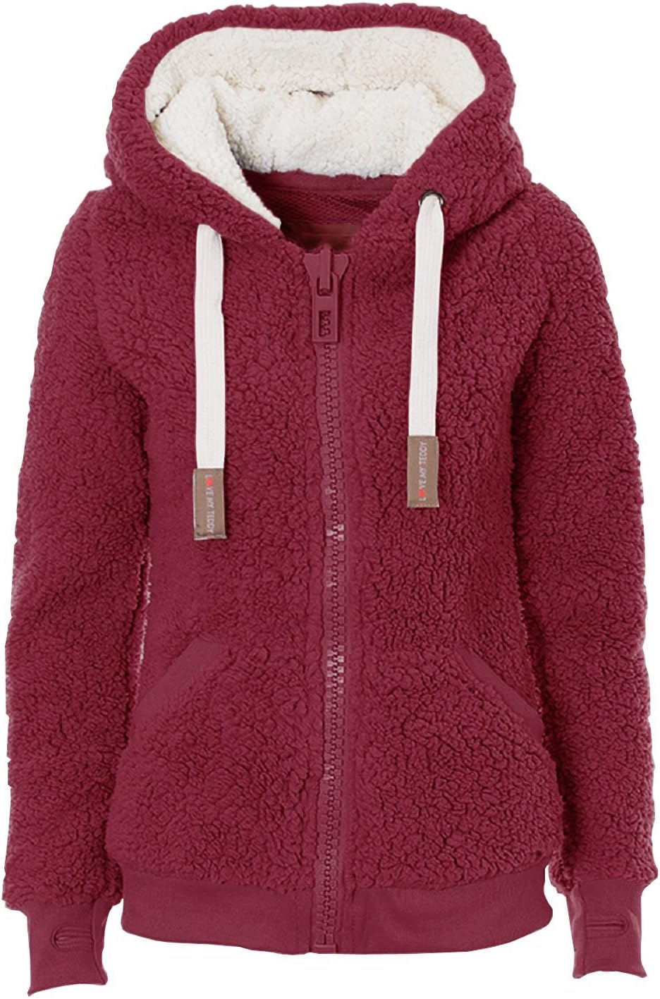 Ladies Womens Soft Teddy Fleece Hooded Jumper Hoody Jacket Coat Cream Taupe Black (L, Wine)