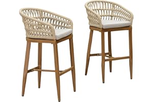 PURPLE LEAF Outdoor Rattan 29" Bar Stools Set of 2, Modern Boho Aluminum Patio Bar Height Chair with Cushion and Back for Outdoor and Indoor, Teak