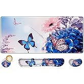 AIMSA Large Gaming Mouse Pad Set, Keyboard Wrist Rest Support Mouse Pad, Ergonomic Memory Foam Multifunctional Extended Desk Mat 35x15.7in Anti-Slip Rubber Base for Office Home, Butterfly Flower