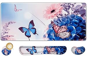 AIMSA Large Gaming Mouse Pad Set, Keyboard Wrist Rest Support Mouse Pad, Ergonomic Memory Foam Multifunctional Extended Desk Mat 35x15.7in Anti-Slip Rubber Base for Office Home, Butterfly Flower