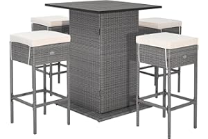 HAPPYGRILL 5 Pieces Outdoor Rattan Bar Set, Patio Wicker Bar Table and 4 Bar Stools with Heavy-Duty Steel Frame, Patio Bar Height Furniture Set with 4 Seat Cushions Included