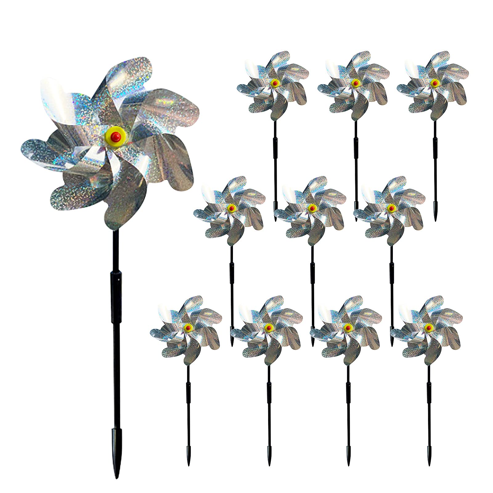 Kslogin 10 Pcs Reflective Bird Repellent Windmill, 7 Leaves Bird Deterrent Repellent Pinwheels, Bird Scare Devices Scare Off Birds and Pests for Garden Decor to Protect Garden, Orchard, Yard