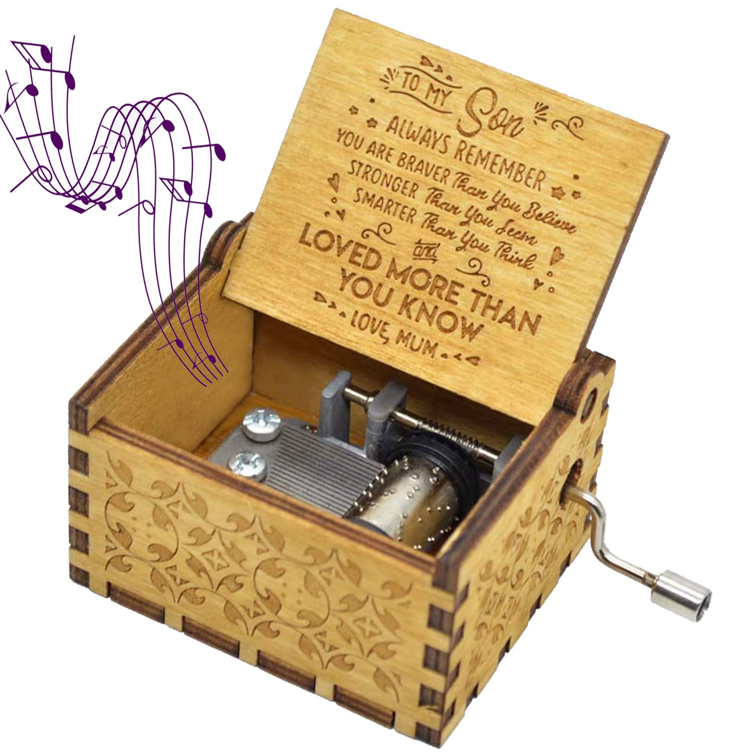 sakruda Wooden Music Box for Son You Are My Sunshine,Gift from MUM to Son,Hand Crank Wood Music Box Laser Engraving Handmade Musical Box Mechanism Antique Gift for Kids Children on Birthday,Christmas