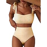 Herseas Women's Tie Shoulder Bikini Sets 2 Piece Striped Swimsuits High Waisted Bathing Suits