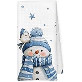 Qskjre Winter Cute Blue Snowman Bird Bar Kitchen Towels, Blue and White Christmas Snowman Snowflake Holiday Xmas Farmhouse Decorative Hand Tea Dish Towel for Bathroom Kitchen Decor, 16x24 Inch