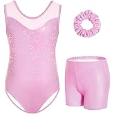 Gogokids Gymnastics Leotards for Girls Sparkly Rhinestone Mesh Dance Unitards Biketards with Shorts Activewear for 3-12Y