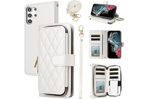 Furiet Wallet Case for Samsung Galaxy S24 Ultra 5G with Wrist Strap, Crossbody Shoulder Strap, 9+ Card Slots Zipper Purse, Luxury PU Leather Stand Cell Phone Cover for S24Ultra 24S S 24 24Ultra White