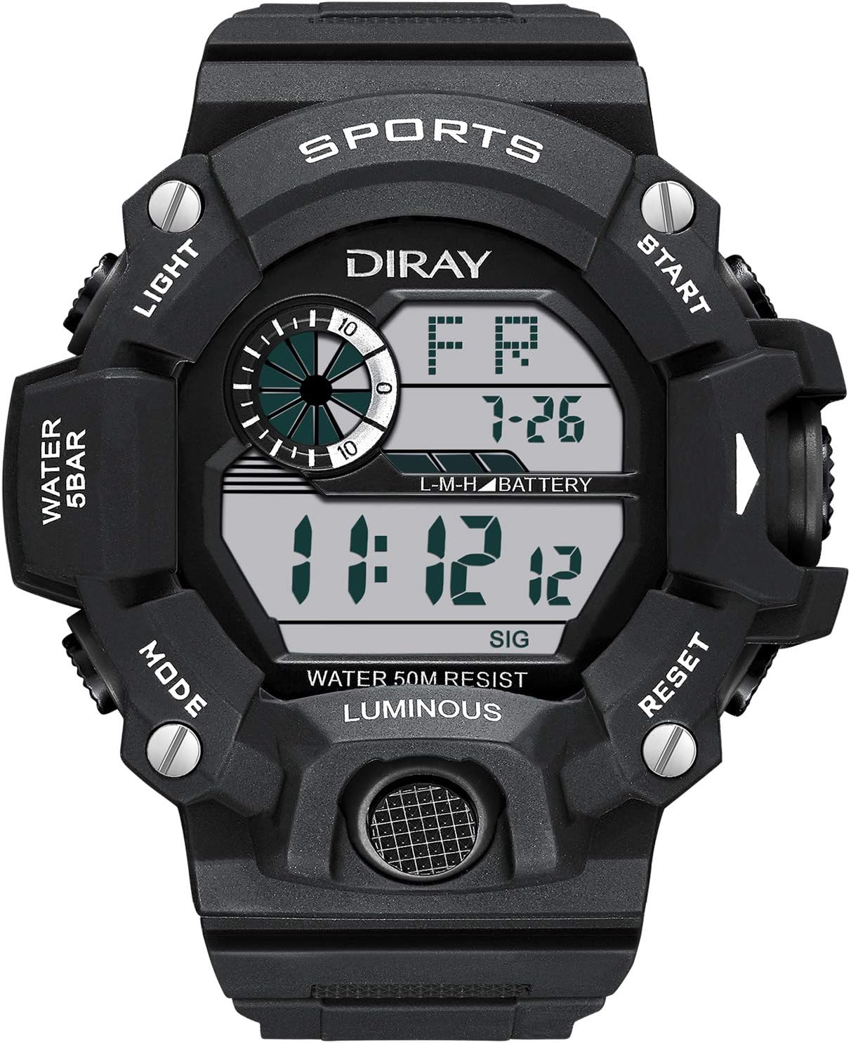 DIRAY Men Analog Sport Digital Watch Electronic Wrist Watches with Round Dial Alarm Stopwatch LED Backlight and Rubber Band